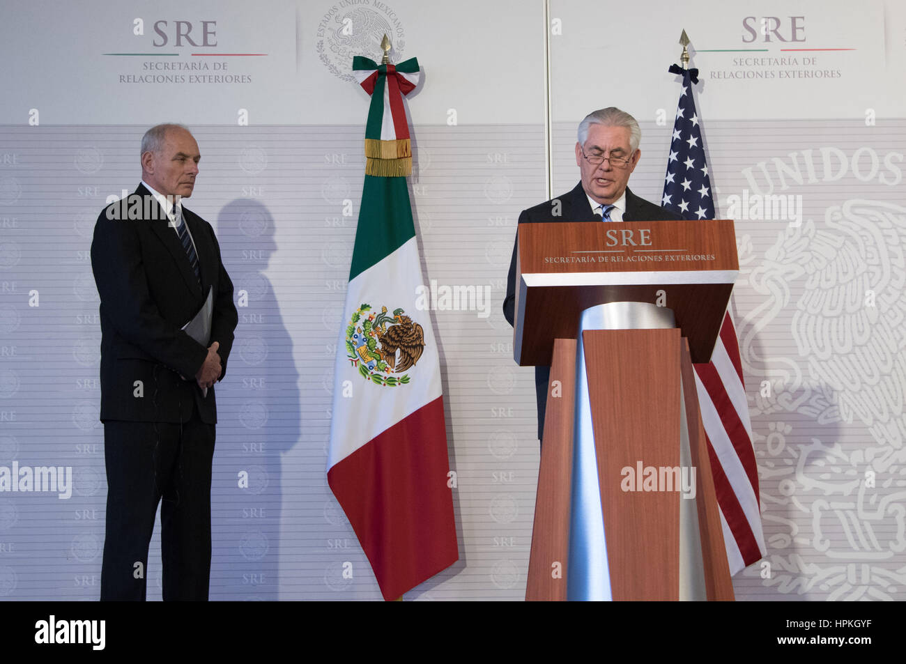 Mexico City, Mexico. 23rd Feb, 2017. U.S. Secretary of State Rex Tillerson(R), along with U.S. Secretary of Homeland Security John Kelly(L), attends a press conference in Mexico City, capital of Mexico, on Feb. 23, 2017. Top U.S. envoys on a working visit to Mexico on Thursday tried to allay fears that their government was preparing to massively deport undocumented migrants back across the border. Credit: Francisco Canedo/Xinhua/Alamy Live News Stock Photo