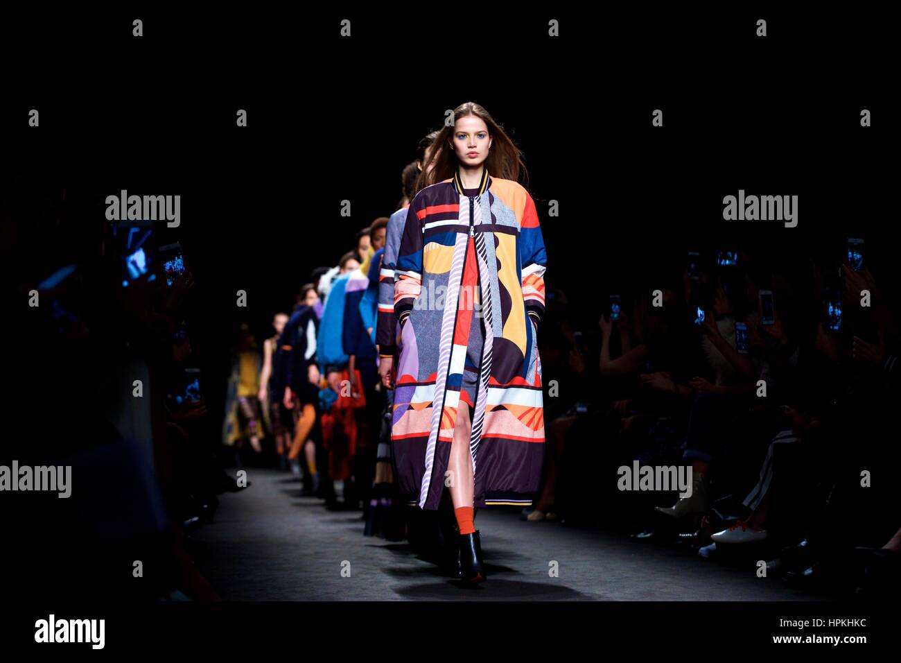 Milan, Italy. 23rd Feb, 2017. Models present creations for fashion house Byblos during Milan Fashion Week Fall/Winter 2017/2018 on Feb. 23, 2017, in Milan, Italy. Credit: Jin Yu/Xinhua/Alamy Live News Stock Photo
