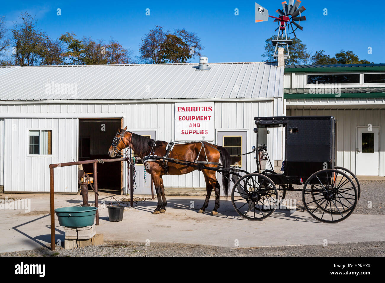 A farrier shop with horse and buggies near Kidron, Ohio, USA Stock