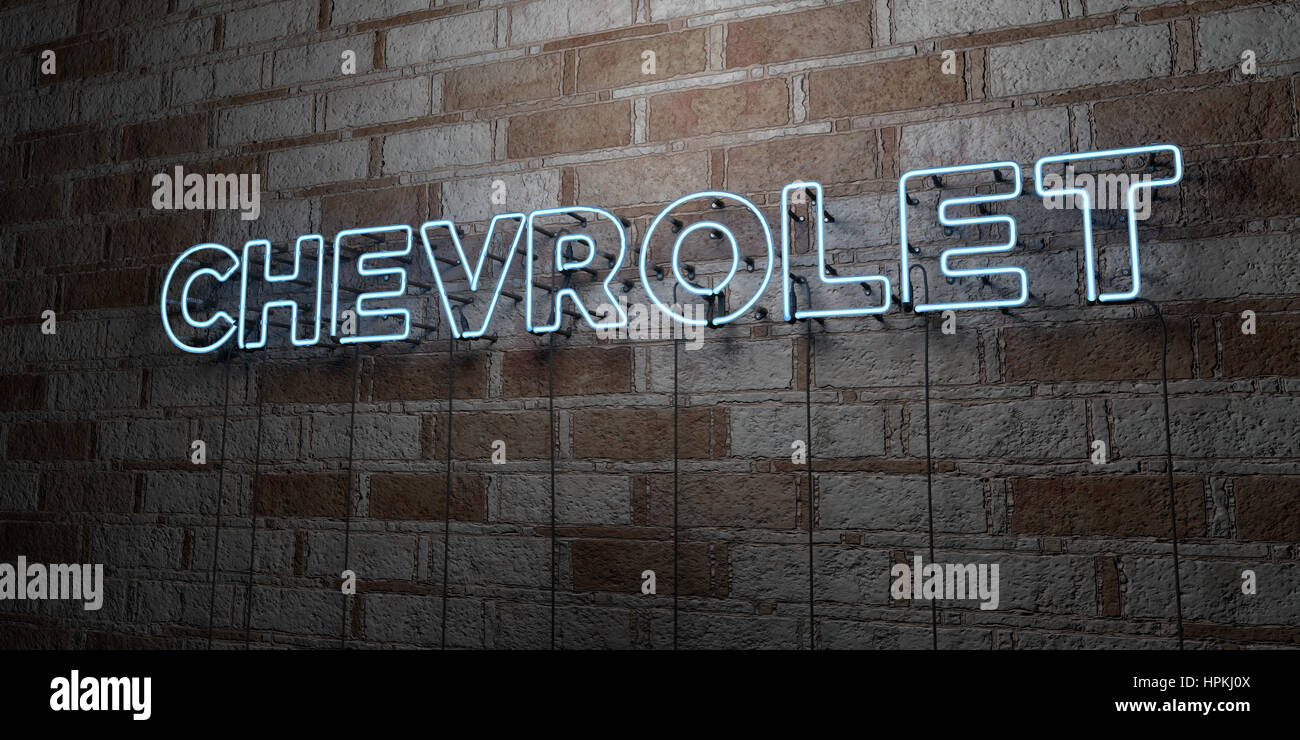 Chevrolet Glowing Neon Sign On Stonework Wall 3d Rendered