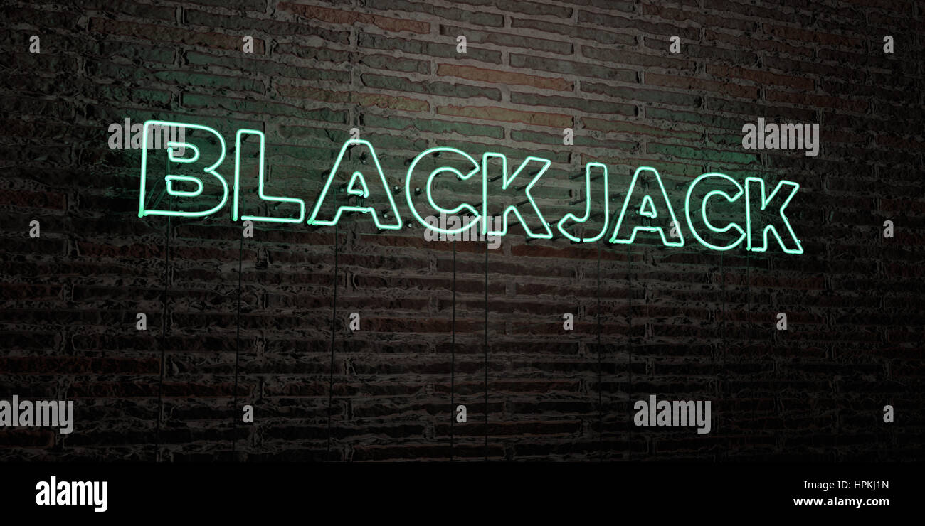 BLACKJACK Realistic Neon Sign on Brick Wall background 3D rendered