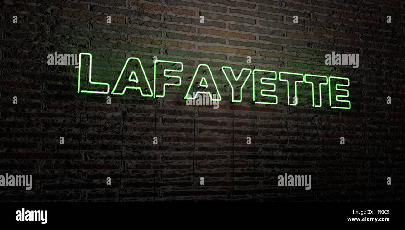 LAFAYETTE Realistic Neon Sign on Brick Wall background 3D rendered royalty free stock image