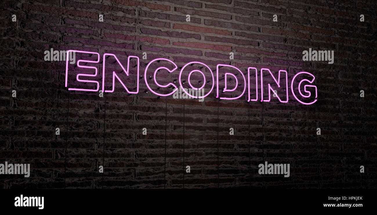 ENCODING -Realistic Neon Sign on Brick Wall background - 3D rendered ...