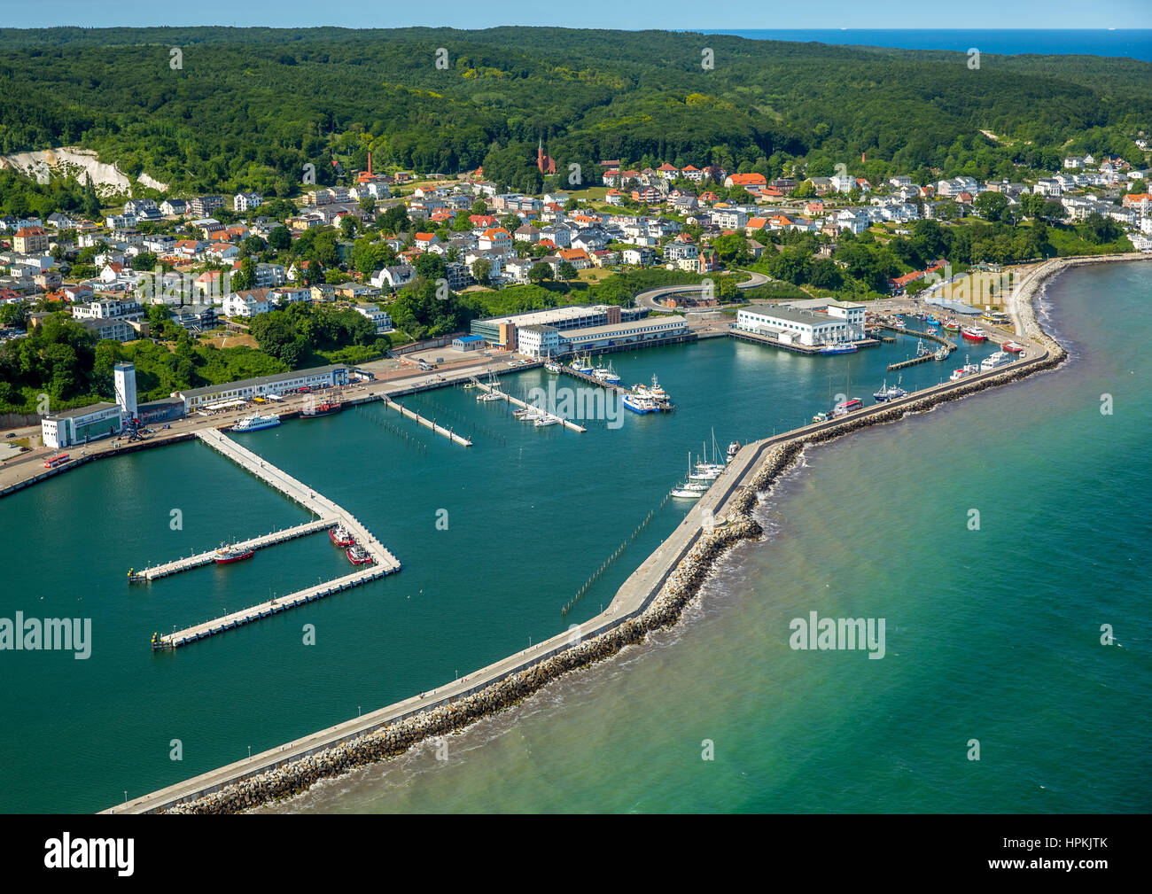 Sassnitz Harbour, Mole, Hotel Fürstenhof on the lakeside promenade, resort architecture, Sassnitz, Rugen Island, Baltic Sea coast, Western Pomerania,  Stock Photo