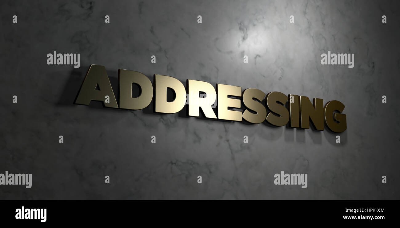 Addressing - Gold text on black background - 3D rendered royalty free ...
