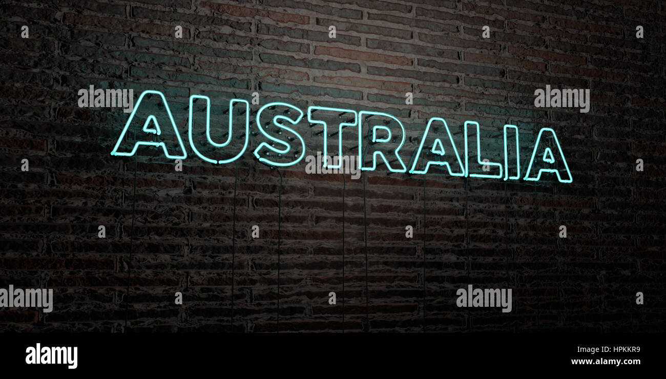 AUSTRALIA -Realistic Neon Sign on Brick Wall background - 3D rendered ...
