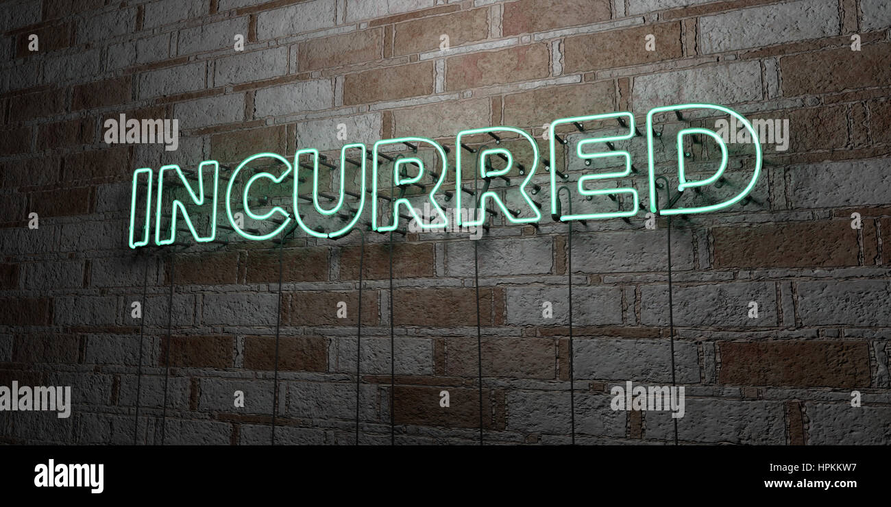 INCURRED - Glowing Neon Sign on stonework wall - 3D rendered royalty ...