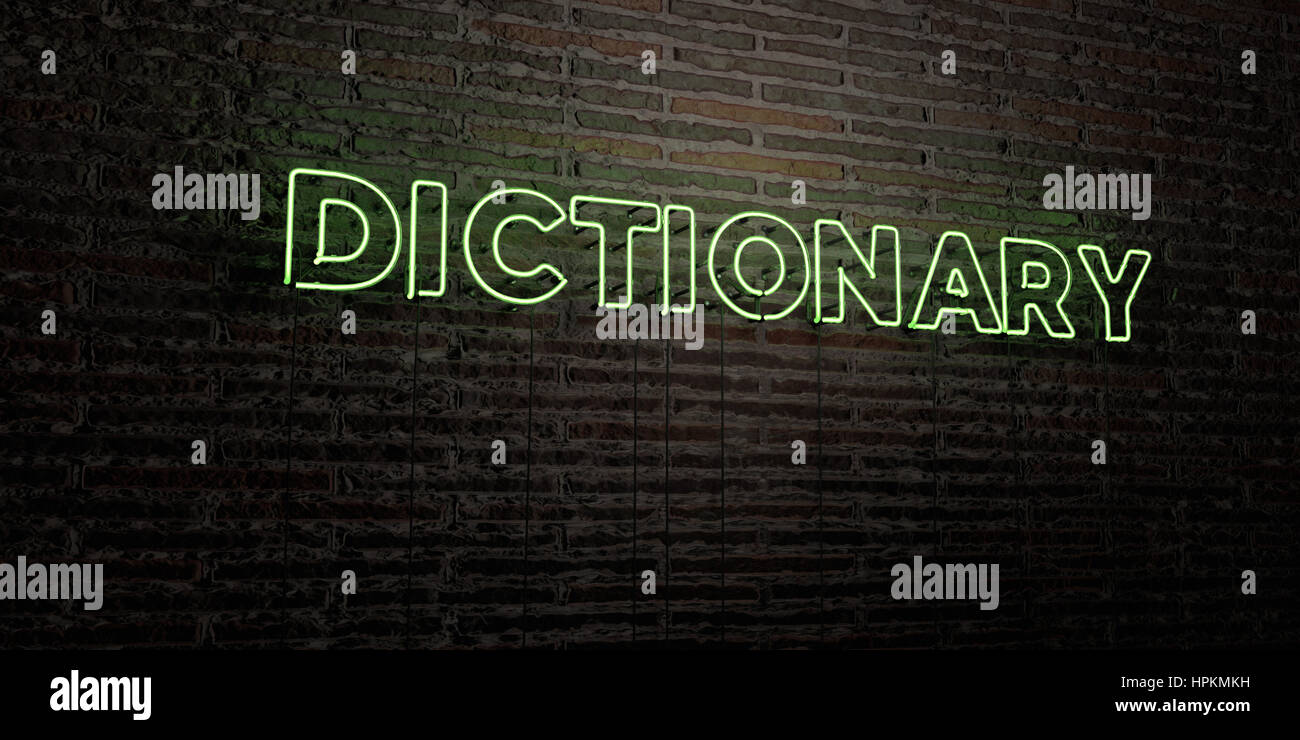 DICTIONARY Realistic Neon Sign on Brick Wall background 3D rendered