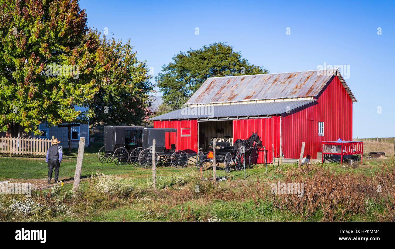 An Amish farm home with horse and buggies near Kidron, Ohio, USA Stock