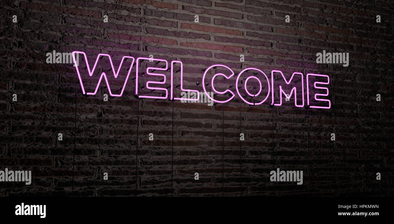 WELCOME -Realistic Neon Sign on Brick Wall background - 3D rendered