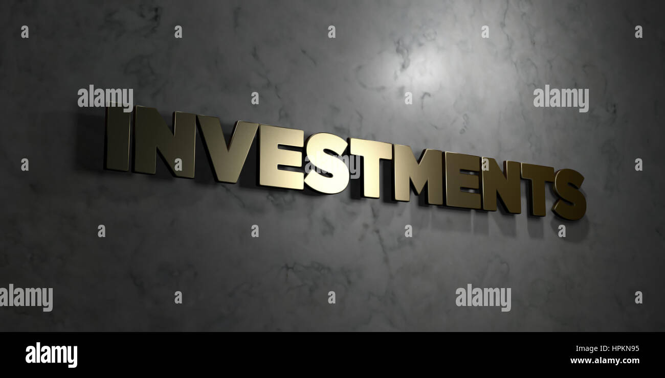 Investments - Gold text on black background - 3D rendered royalty free ...