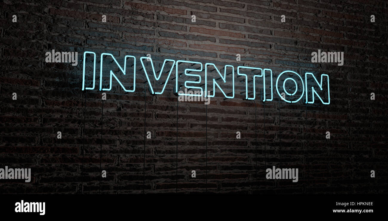 INVENTION -Realistic Neon Sign on Brick Wall background - 3D rendered ...