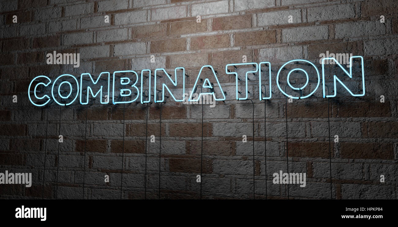 Combining Signs COMBINATION - Glowing Neon Sign on stonework wall - 3D rendered royalty ...