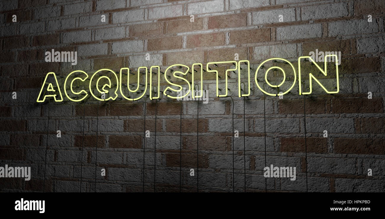 ACQUISITION - Glowing Neon Sign on stonework wall - 3D rendered royalty ...