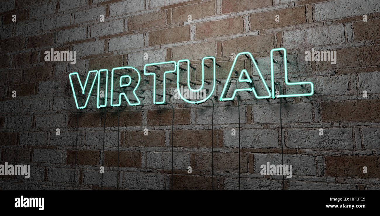Computer Virtual Sign VIRTUAL - Glowing Neon Sign on stonework wall - 3D rendered royalty ...