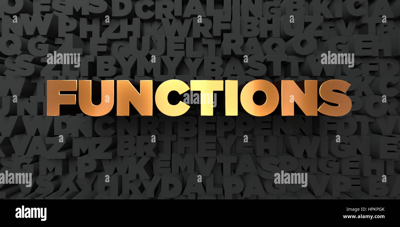 Functions - Gold text on black background - 3D rendered royalty free ...