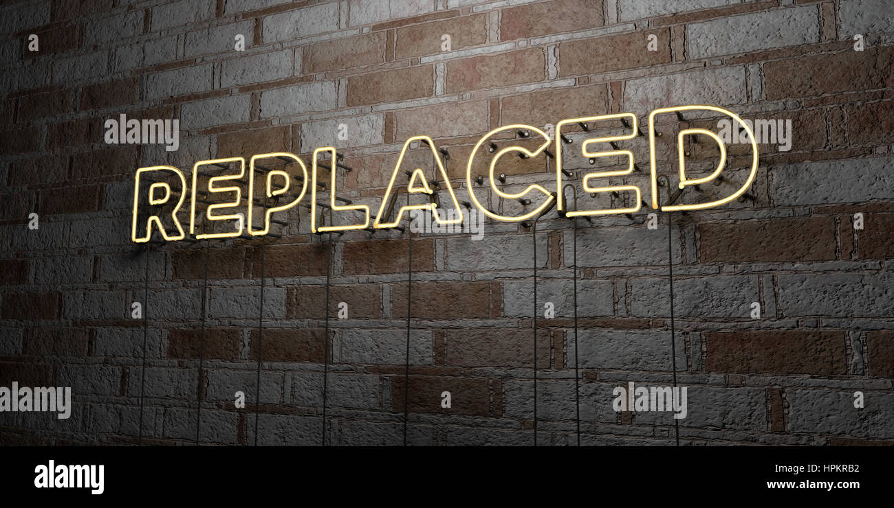 Repalced Sign REPLACED - Glowing Neon Sign on stonework wall - 3D rendered royalty ...