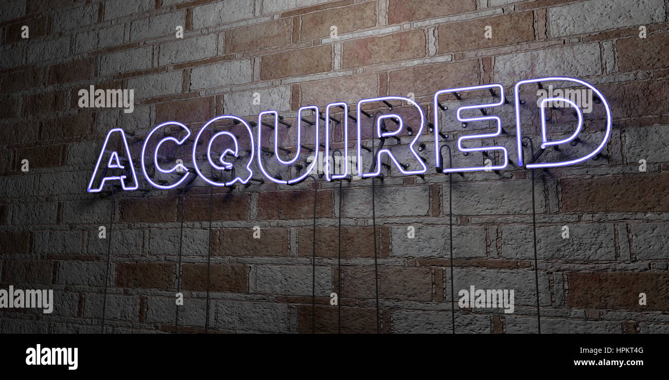 ACQUIRED - Glowing Neon Sign on stonework wall - 3D rendered royalty ...