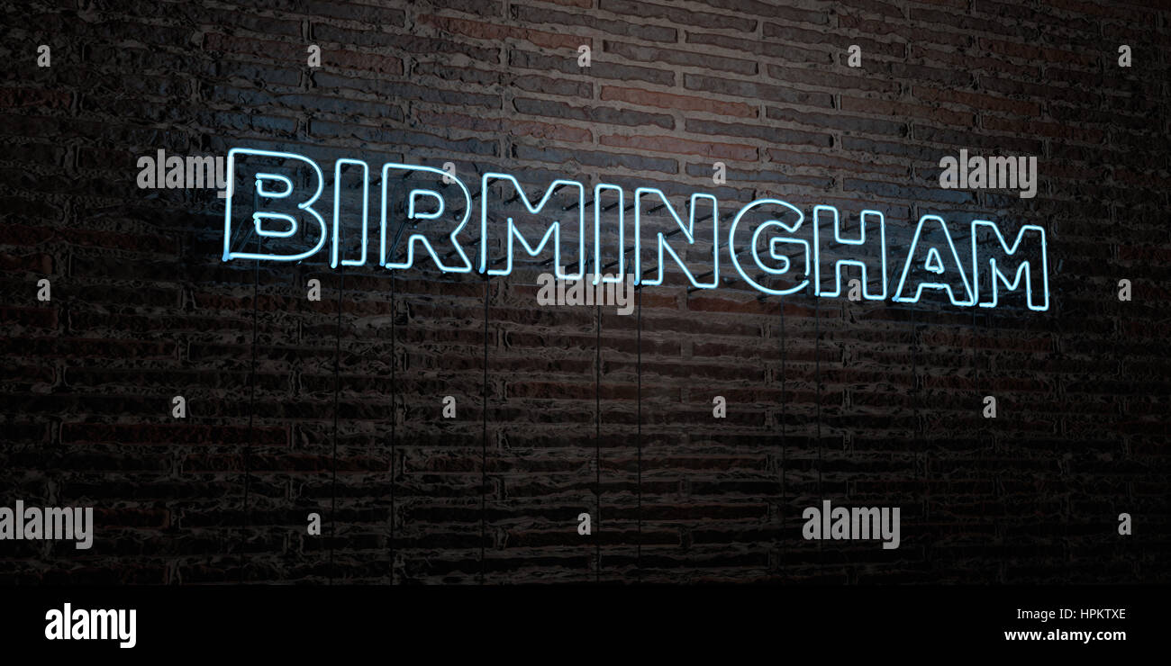 BIRMINGHAM Realistic Neon Sign on Brick Wall background 3D rendered