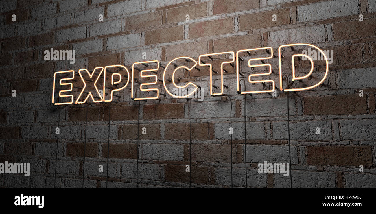 EXPECTED Glowing Neon Sign on stonework wall 3D rendered royalty