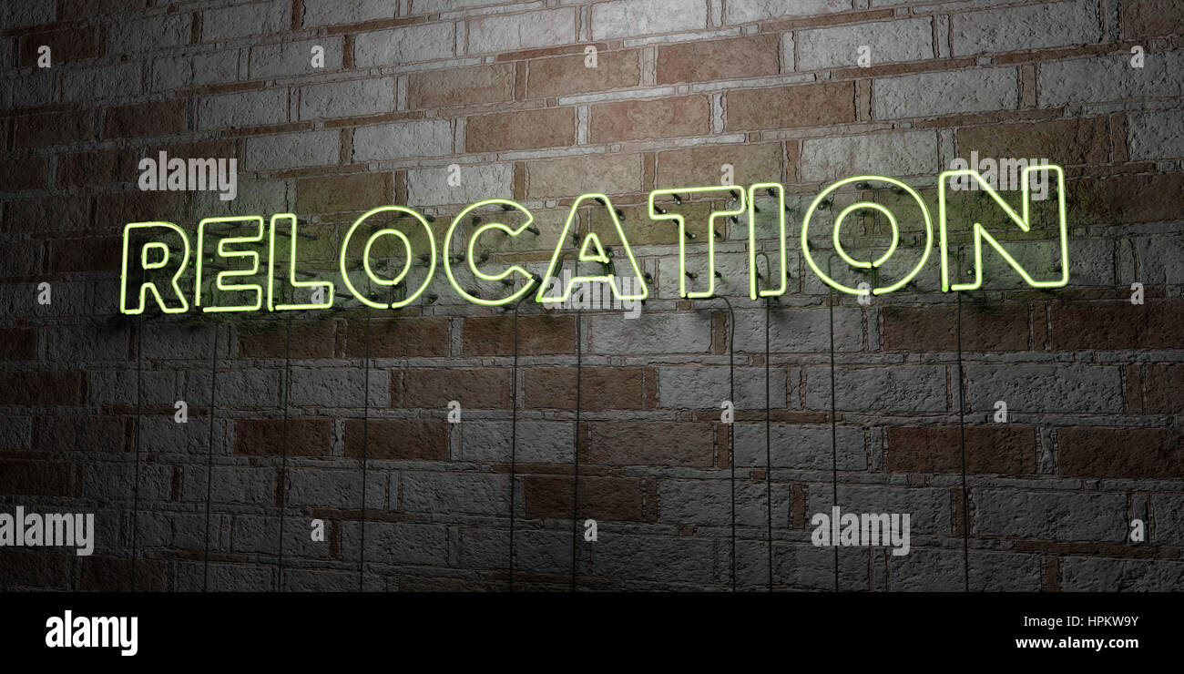 Relocation Break Sign RELOCATION - Glowing Neon Sign on stonework wall - 3D rendered royalty ...