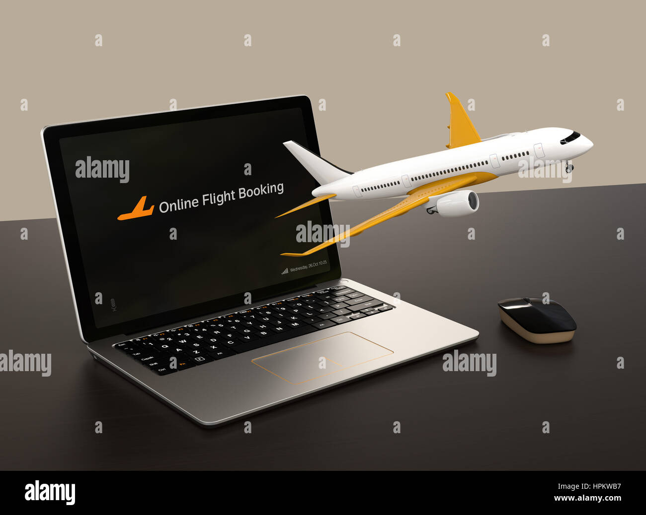 Passenger plane taking off from laptop computer. Online flight booking concept. 3D rendering image. Stock Photo