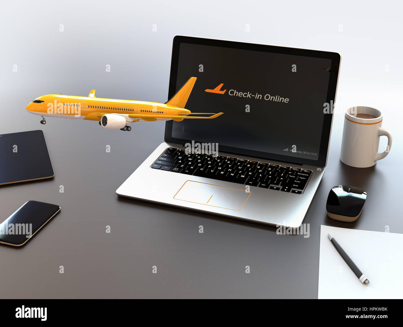 Passenger plane taking off from laptop computer. Online flight check in concept. 3D rendering image. Stock Photo