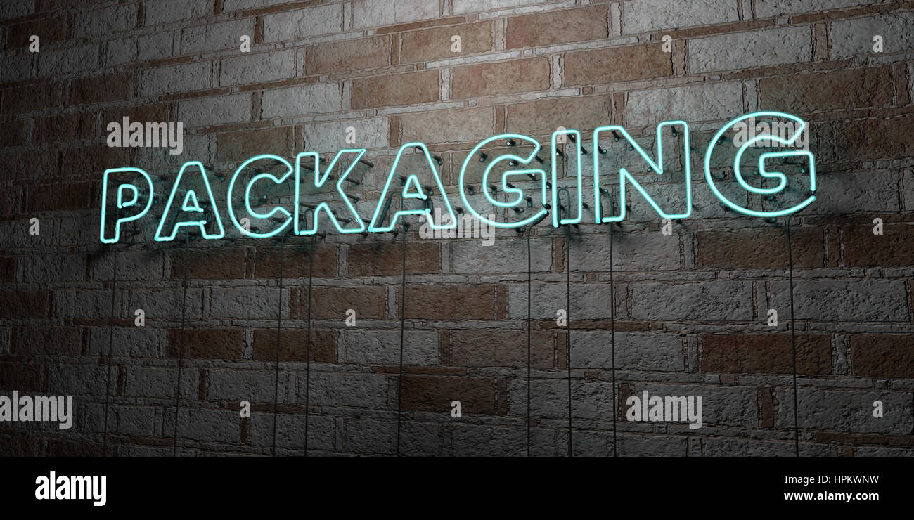 Neon Sign Packaging PACKAGING - Glowing Neon Sign on stonework wall - 3D rendered royalty ...