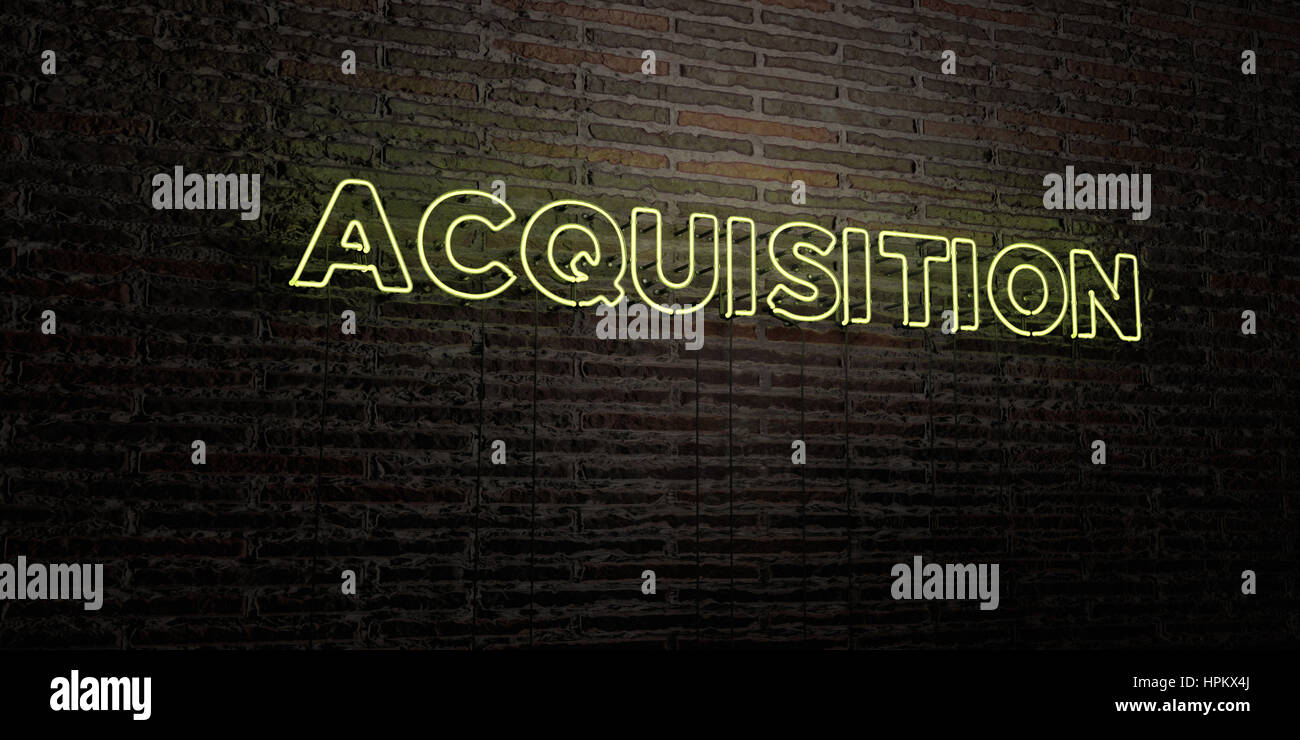 ACQUISITION -Realistic Neon Sign on Brick Wall background - 3D rendered ...