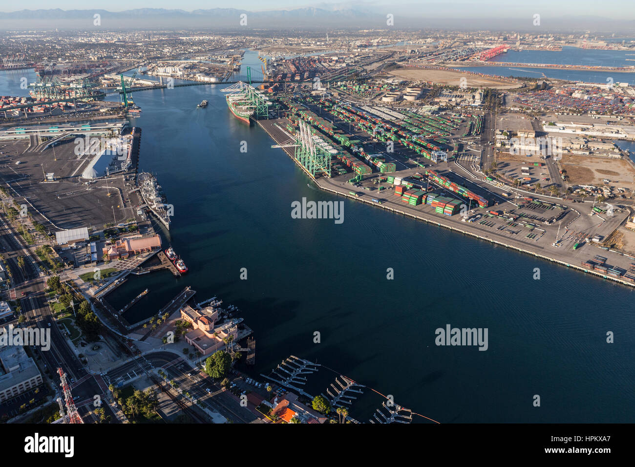 Los Angeles, California, USA - August 16, 2016:  Afternoon aerial view of the main channel in the San Pedro area of Los Angeles harbor. Stock Photo