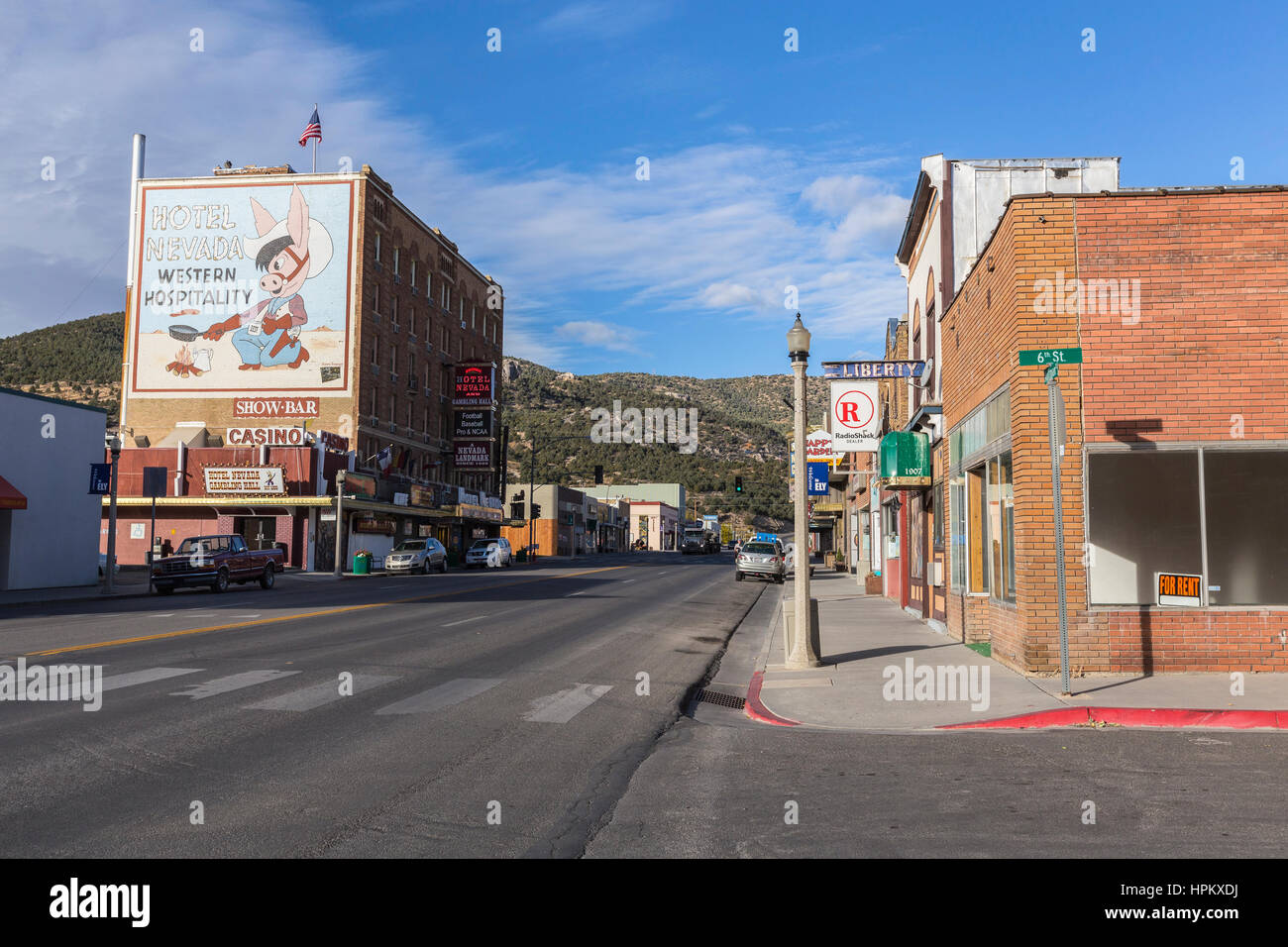 Ely, Nevada, USA - October 16, 2016:  Historic downtown buildings in rural Ely Nevada. Stock Photo
