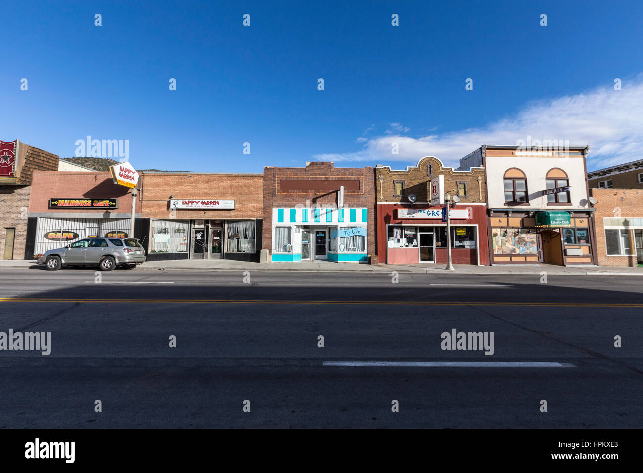 Ely, Nevada, USA - October 16, 2016:  Vintage small town storefronts in rural Ely Nevada. Stock Photo