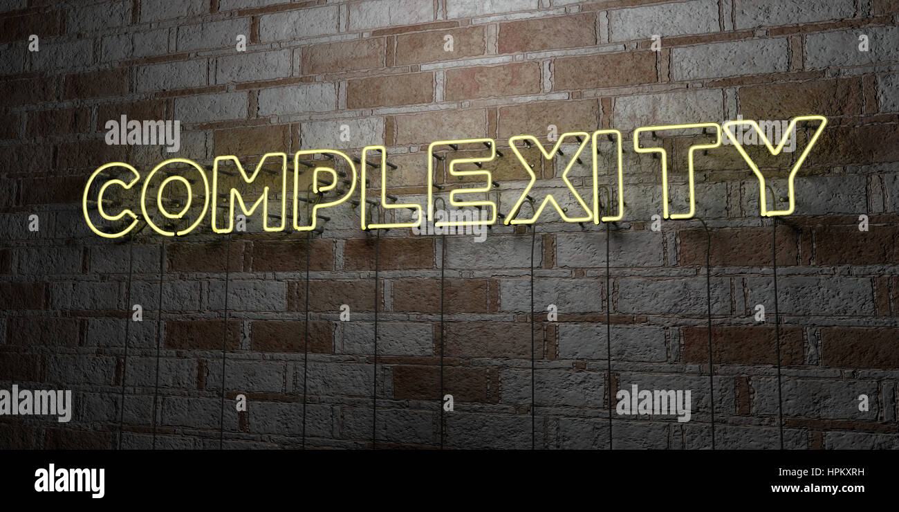 COMPLEXITY - Glowing Neon Sign on stonework wall - 3D rendered royalty ...