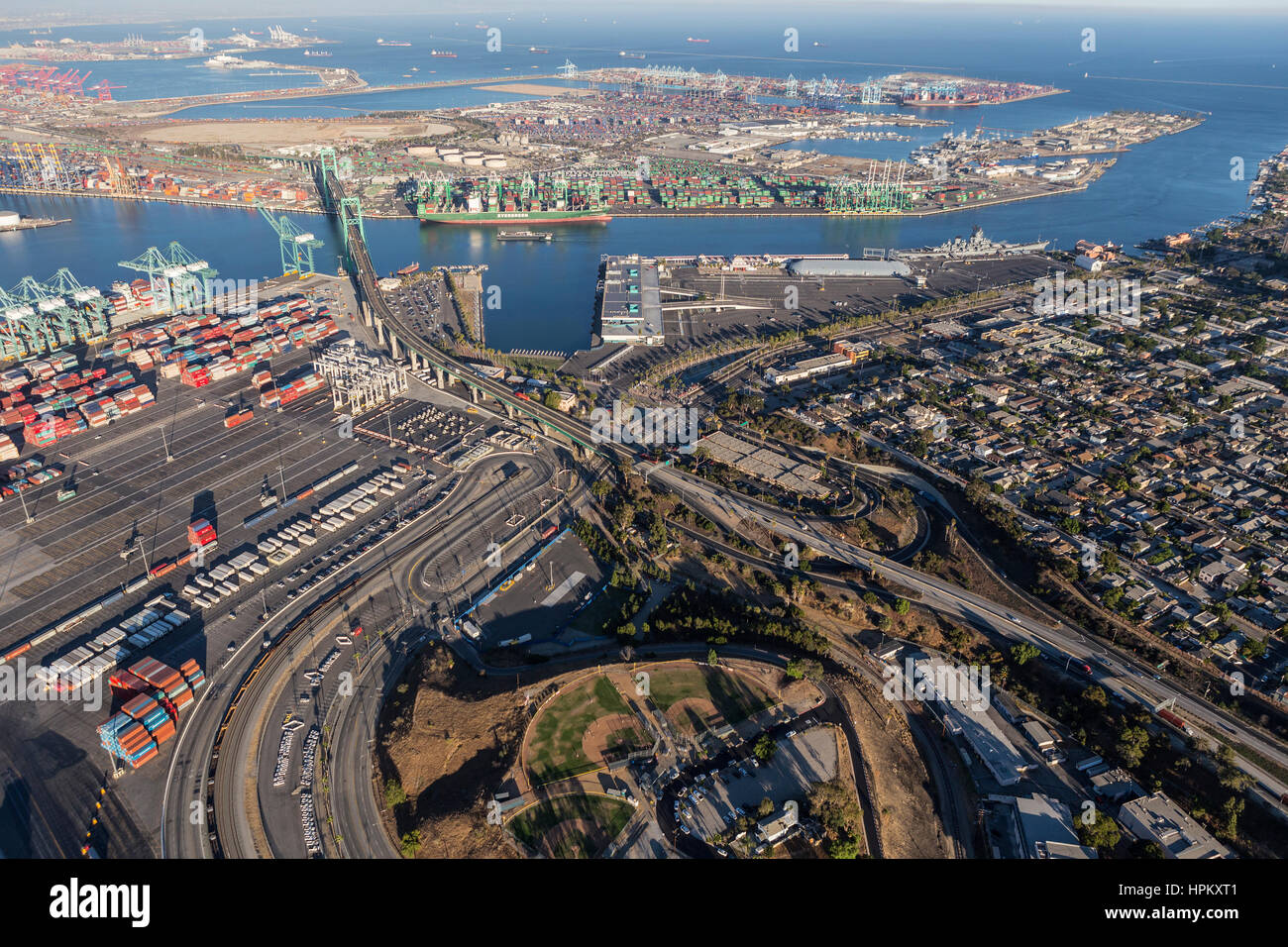 Los Angeles, California, USA - August 16, 2016:  Afternoon aerial view of the Port of Los Angeles, Vincent Thomas Bridge and the community of San Pedr Stock Photo