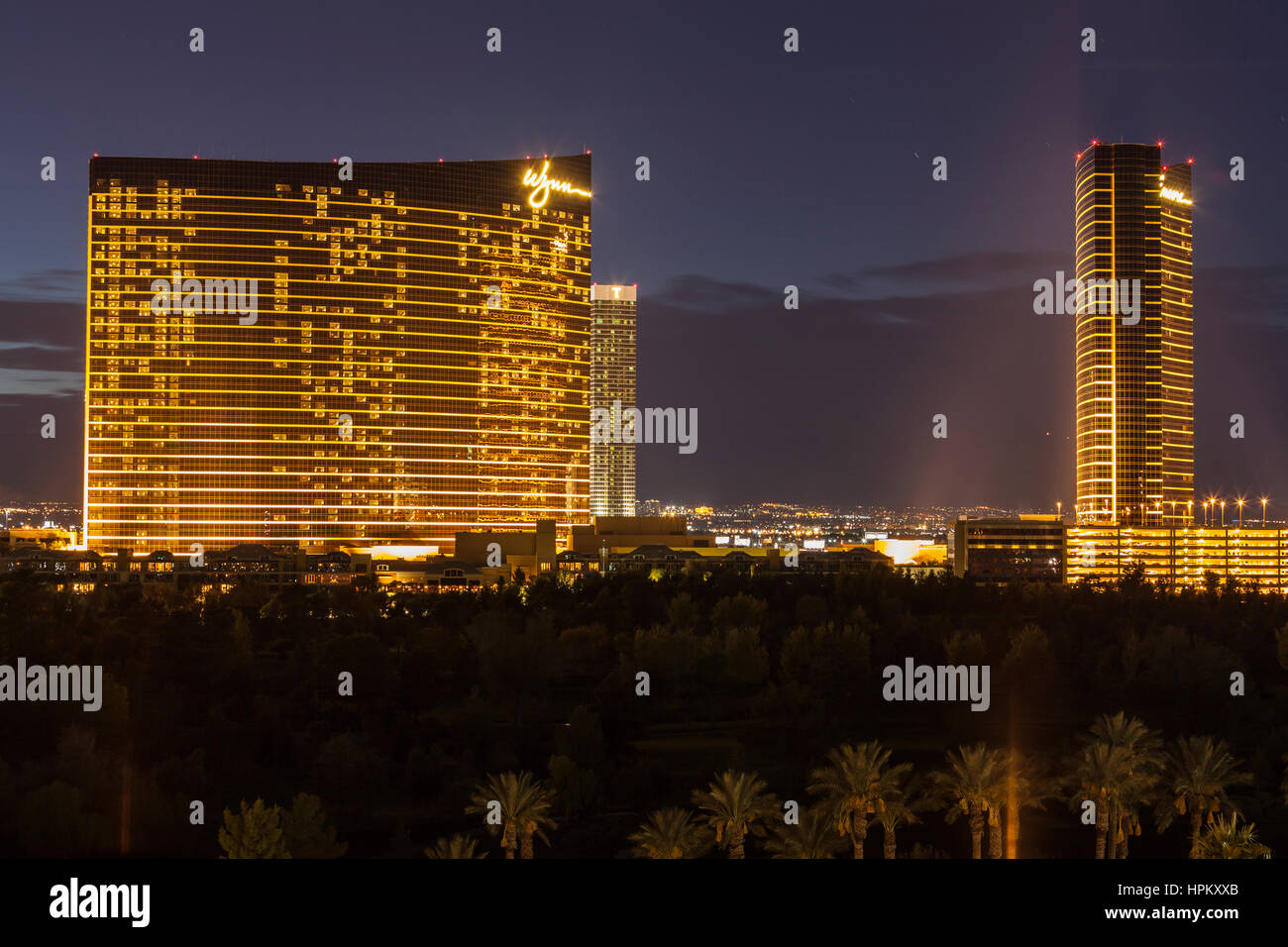 Editorial dusk view of the popular upscale Wynn casino resort on the Las Vegas strip. Stock Photo