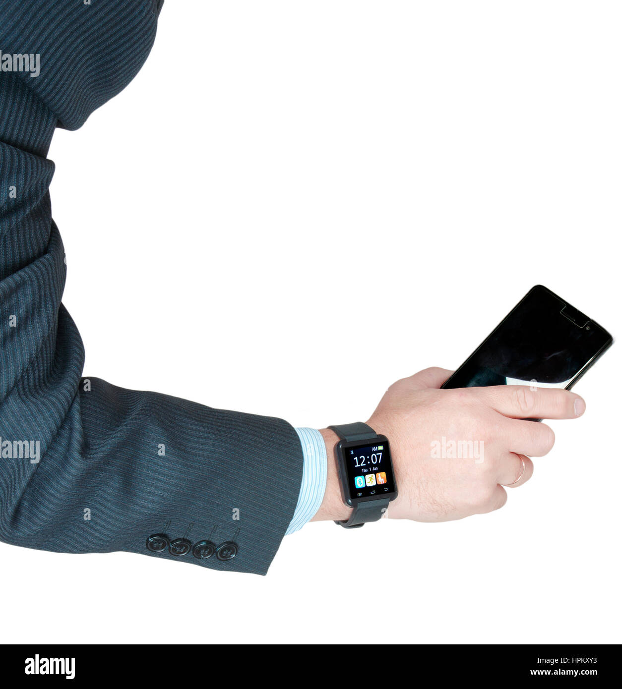 Isolated female hand with smartwatch with phone call on the screen Stock Photo