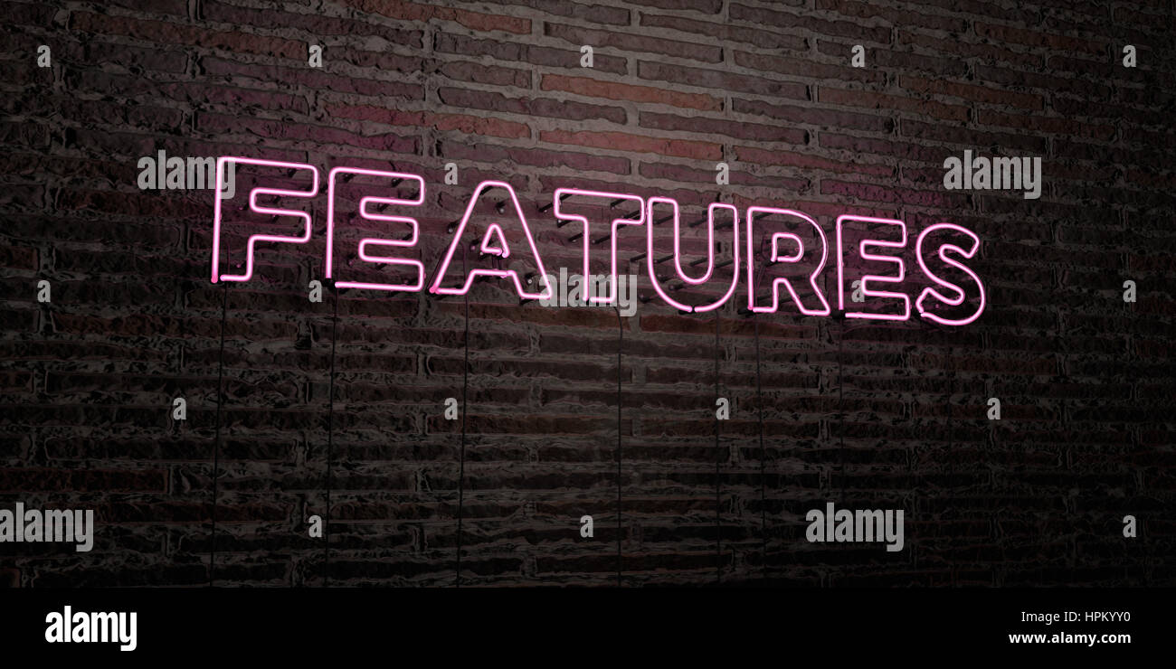 Top Features Sign FEATURES -Realistic Neon Sign on Brick Wall background - 3D rendered ...