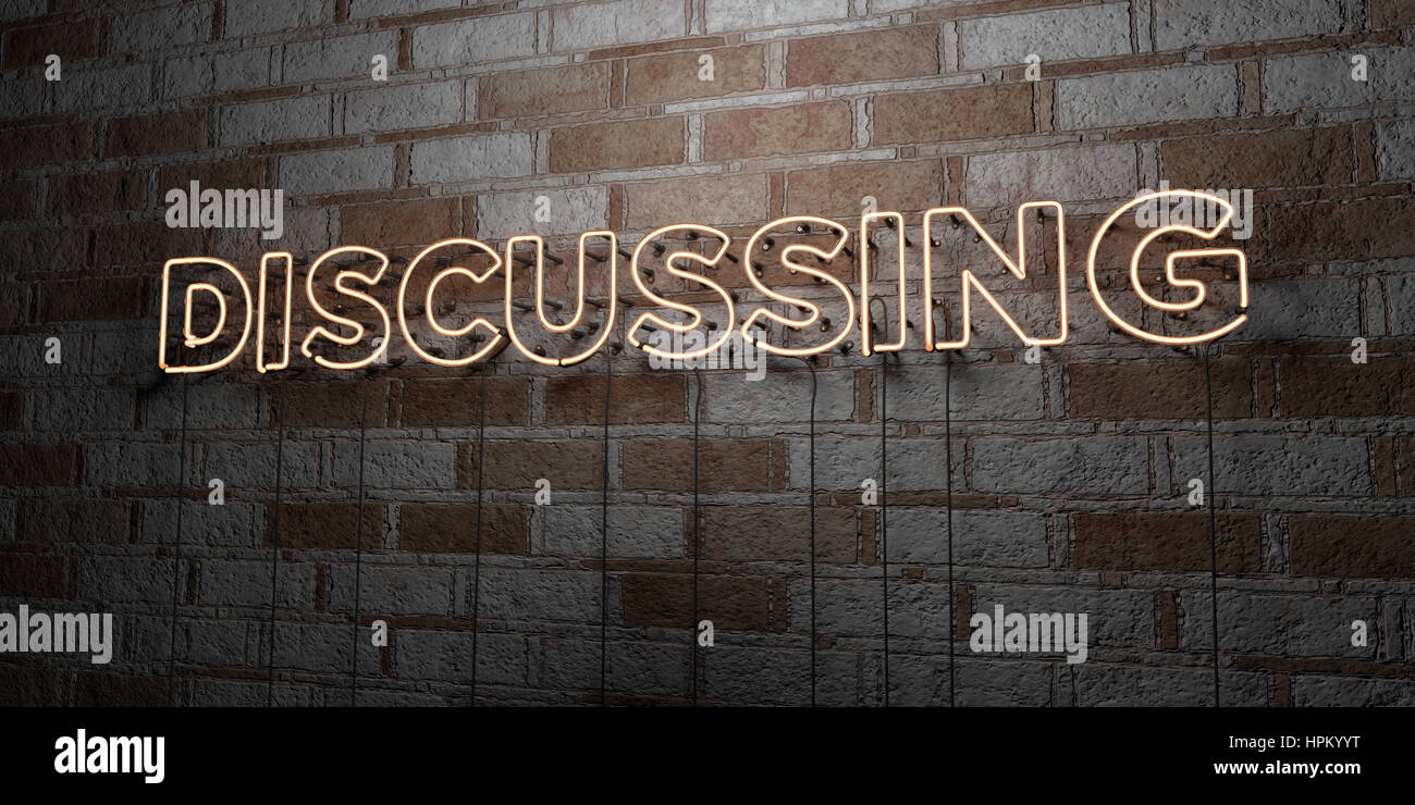 DISCUSSING - Glowing Neon Sign on stonework wall - 3D rendered royalty ...