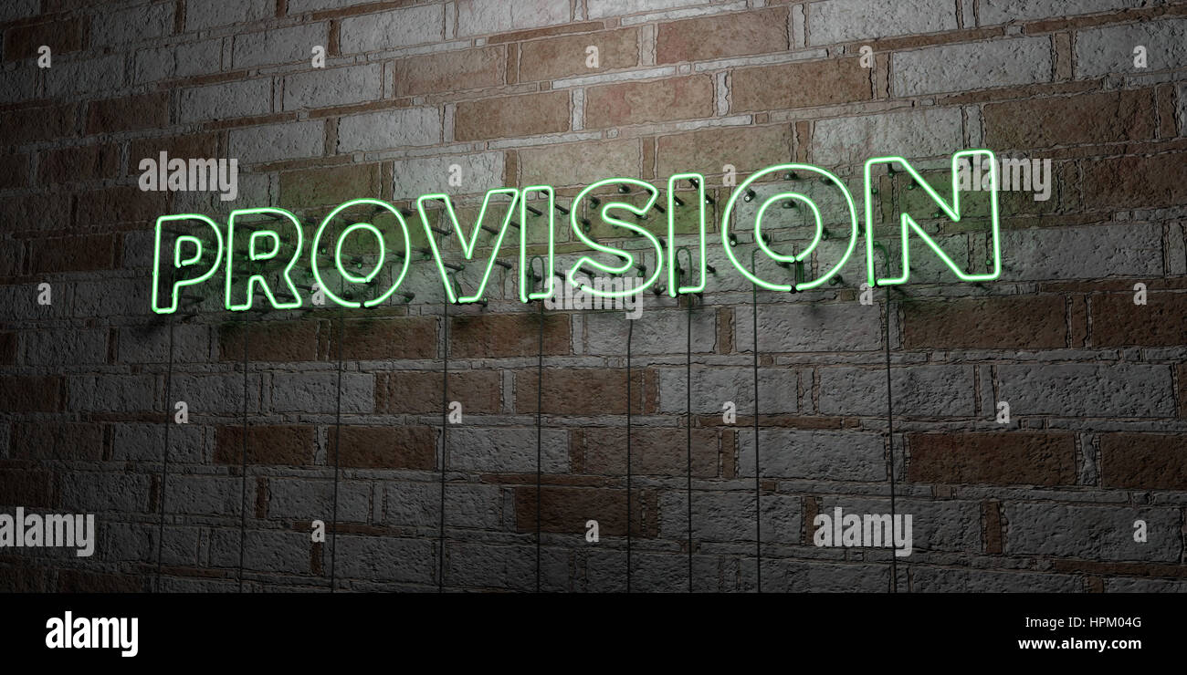 PROVISION Glowing Neon Sign on stonework wall 3D rendered royalty
