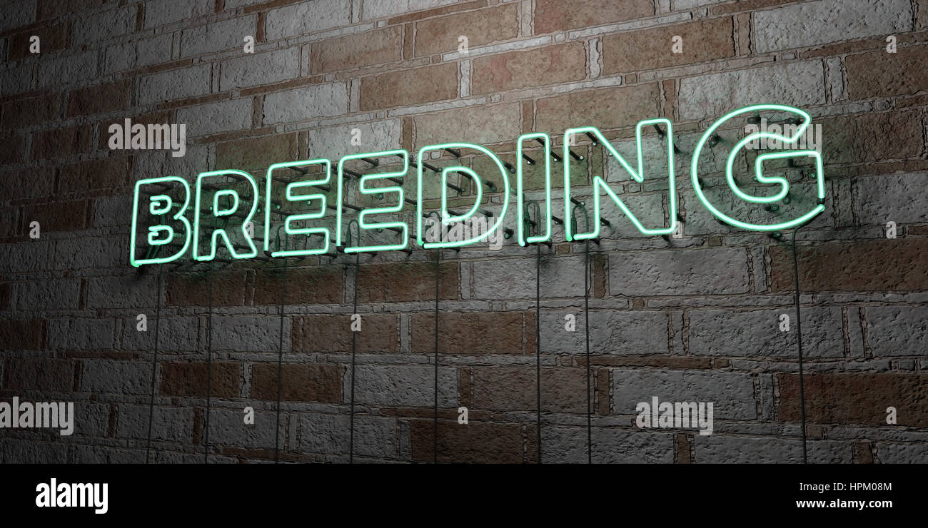 BREEDING - Glowing Neon Sign on stonework wall - 3D rendered royalty ...