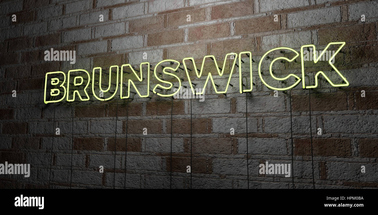 BRUNSWICK - Glowing Neon Sign on stonework wall - 3D rendered royalty ...