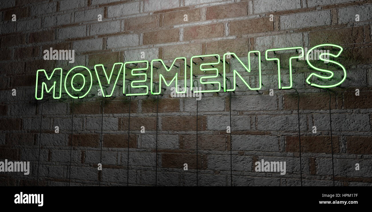 MOVEMENTS - Glowing Neon Sign on stonework wall - 3D rendered royalty ...