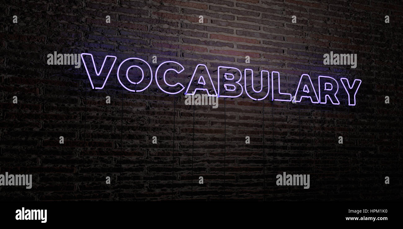 Vocabulary Realistic Neon Sign On Brick Wall Background 3d