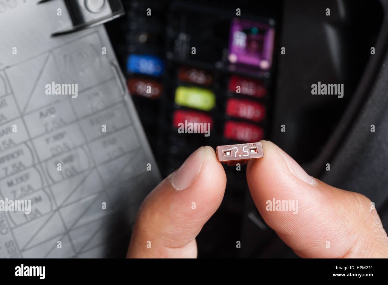 replacing the fuse in fuse box of the car Stock Photo