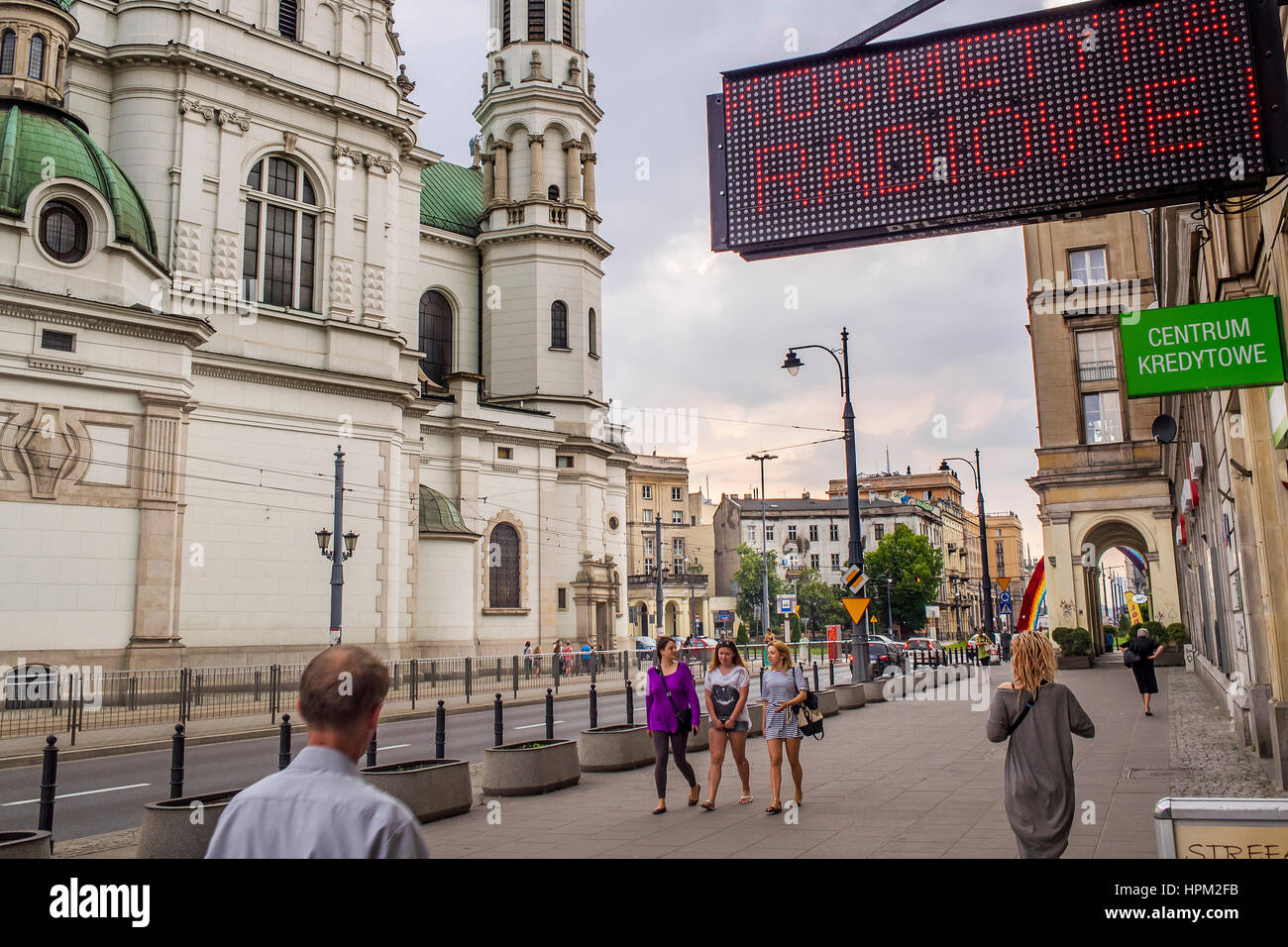 Ul.Marszalkowska street ,in background Church of the Holiest Saviour, Warsaw, Poland Stock Photo