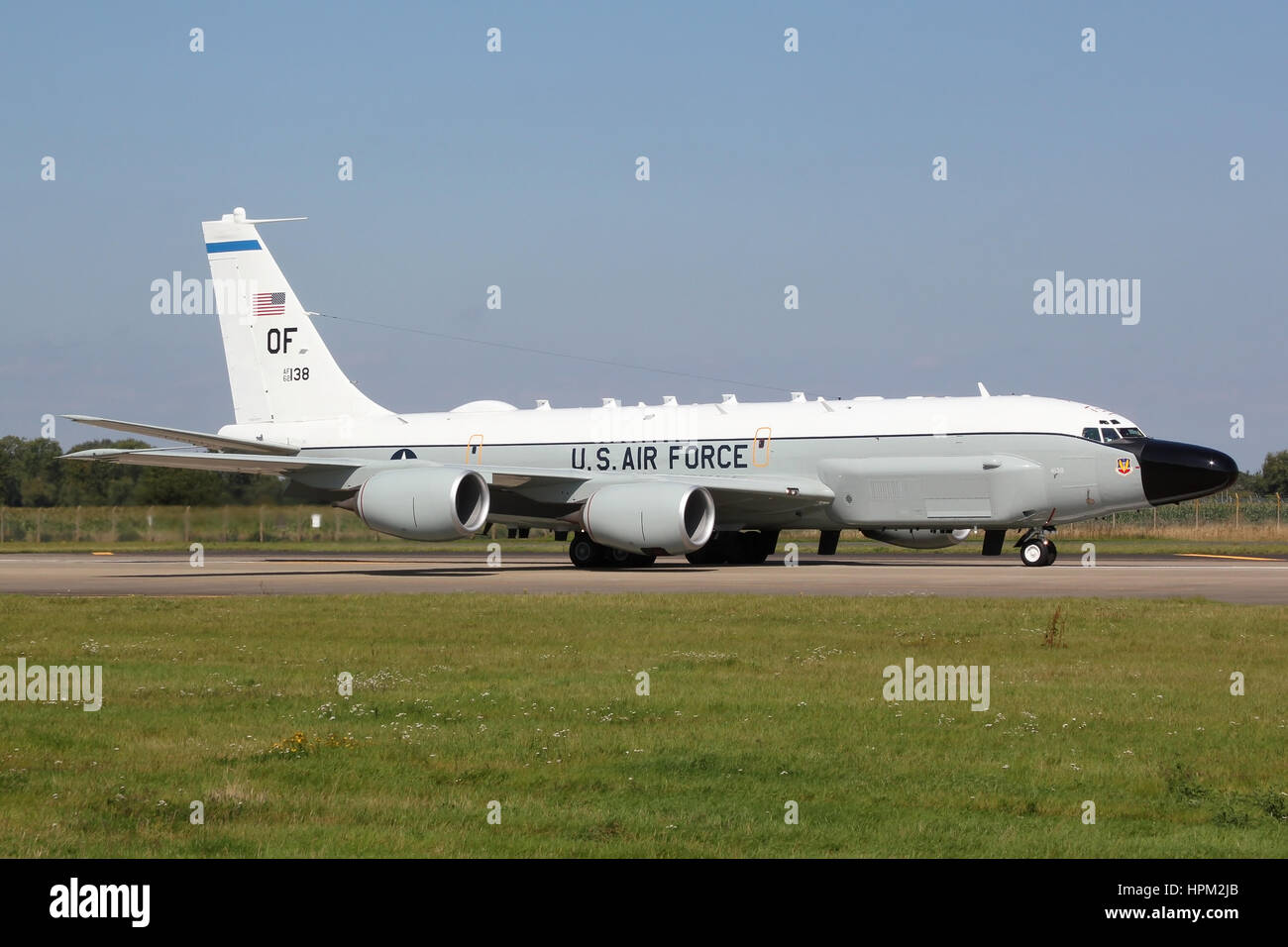 USAF RC-135W about to depart runway 11 at RAF Mildenhall. This aircraft was conducting daily flights down into Europe to monitor the Ukrainan crisis. Stock Photo