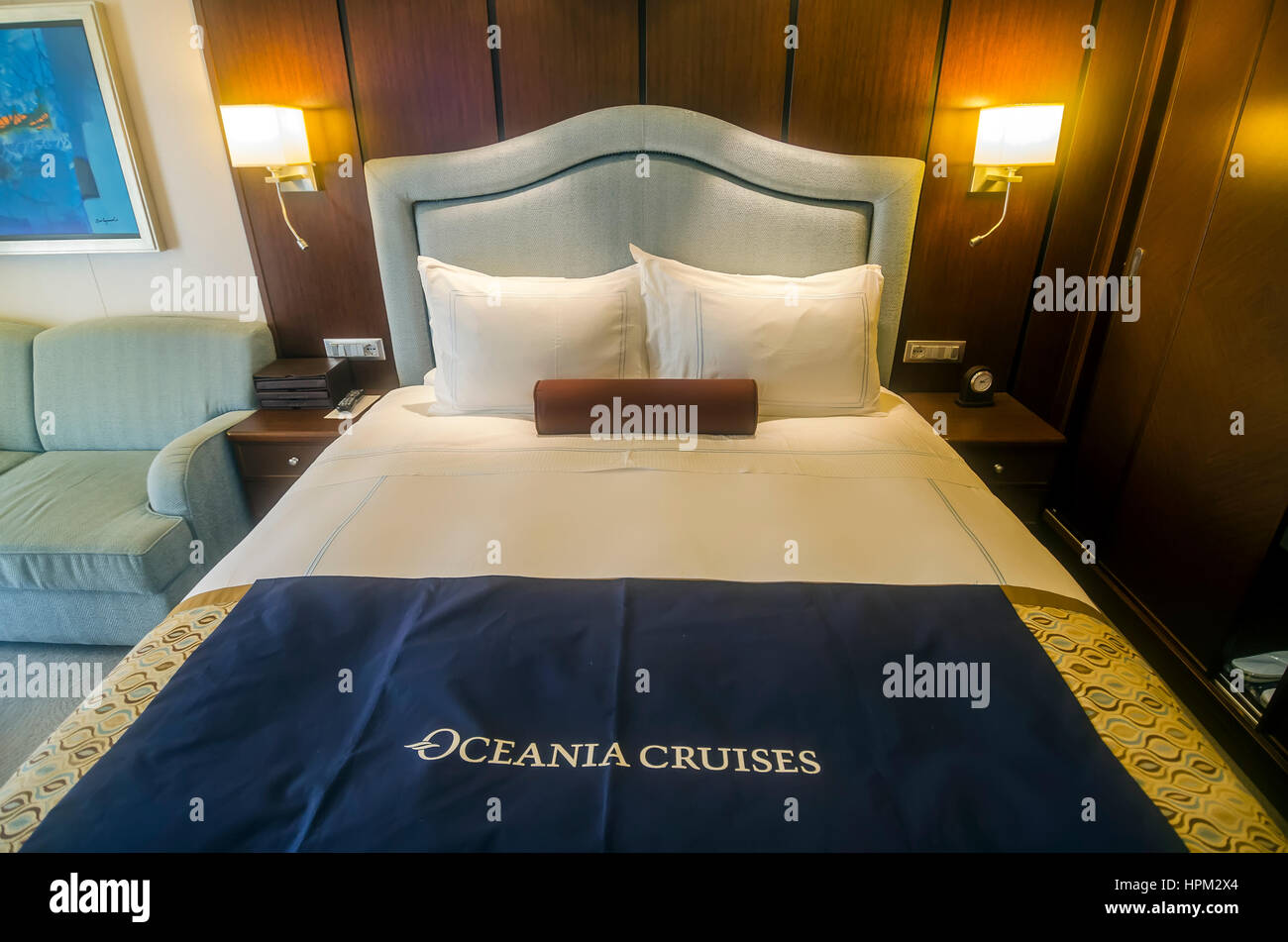 Oceania Marina  Concierge Stateroom    bed Stock Photo