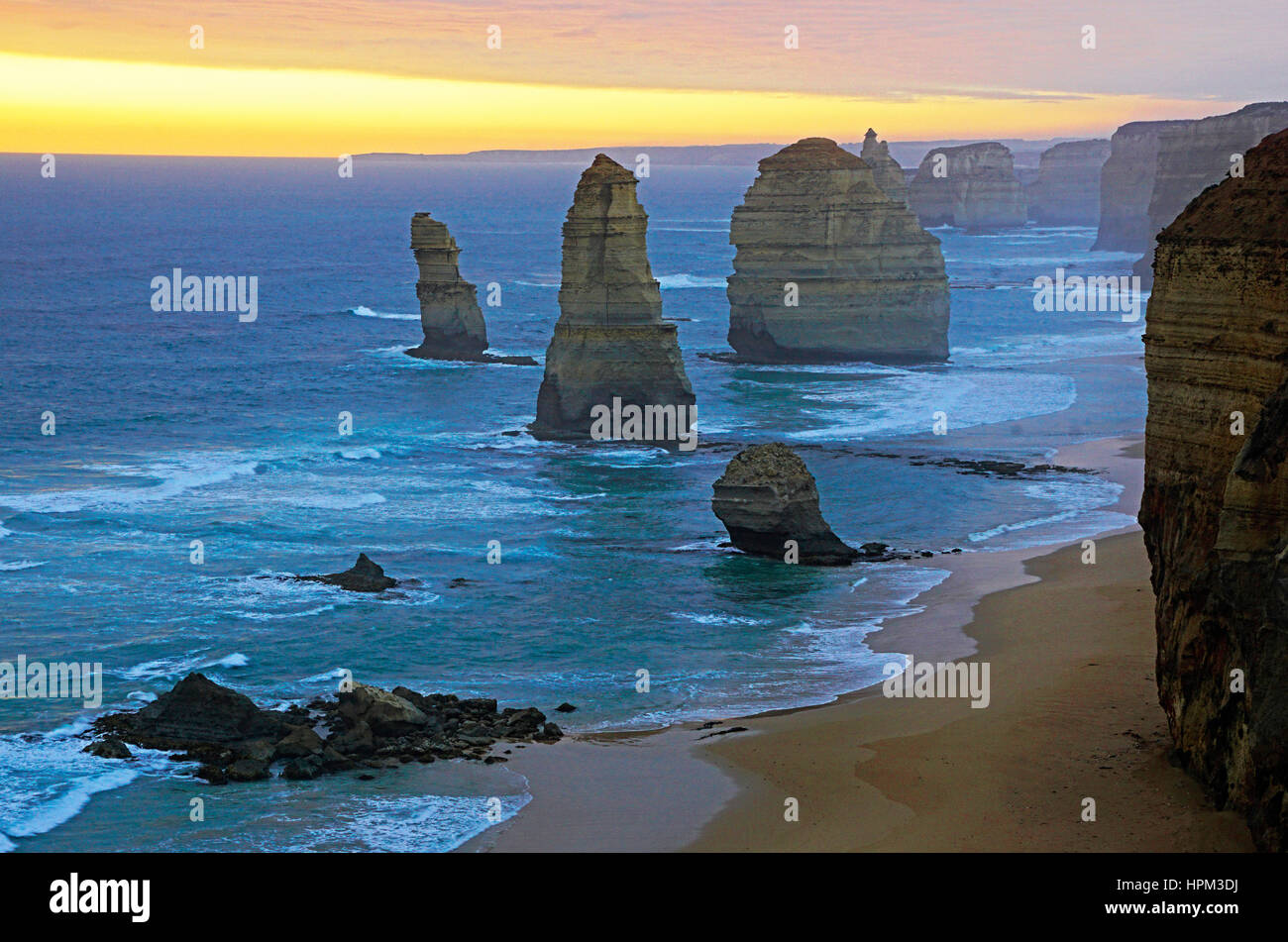 12 Apostles at sunset along Great Ocean Road, Victoria, Australia. Stock Photo