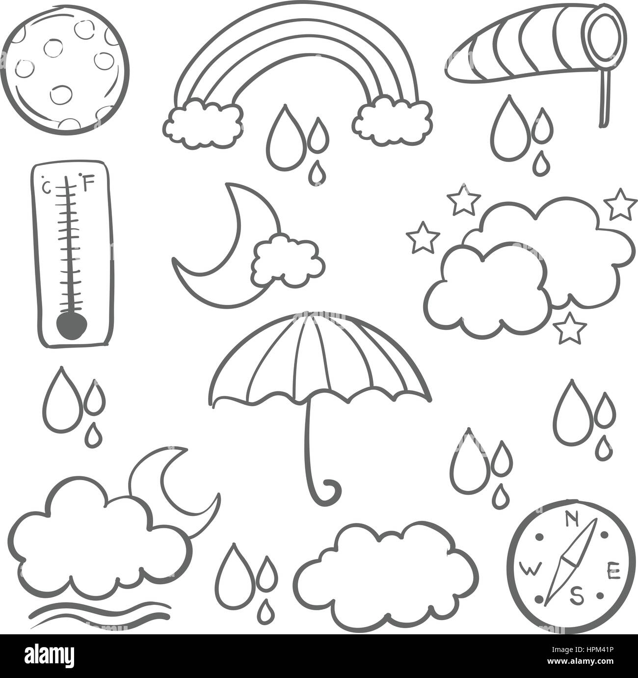 Doodle weather set cloud thunder Black and White Stock Photos & Images ...