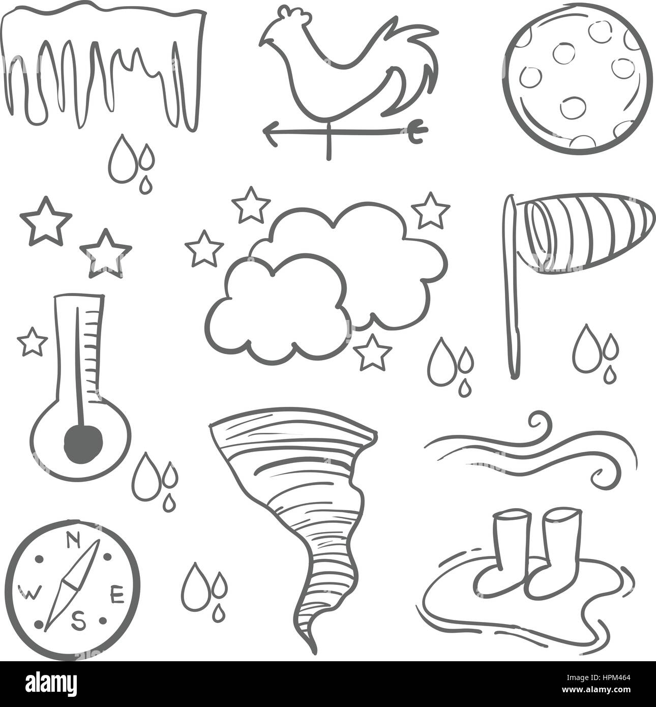Doodle weather set cloud thunder Black and White Stock Photos & Images ...